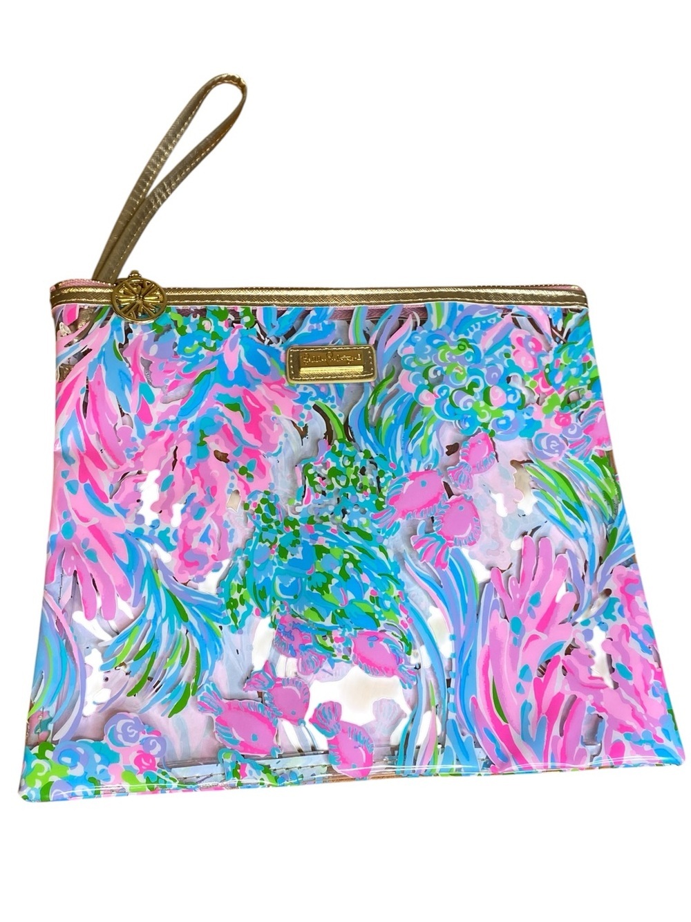 Lilly Pulitzer water-resistant vinyl beach day pouch  'Best Fishes' print